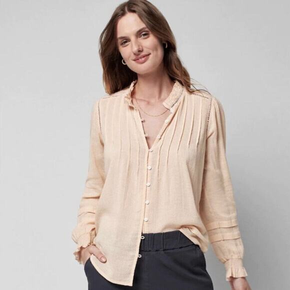 Faherty Tops - Faherty Willa Button Down Peasant Blouse Light Pink Pin Tuck Ruffle Collar Small